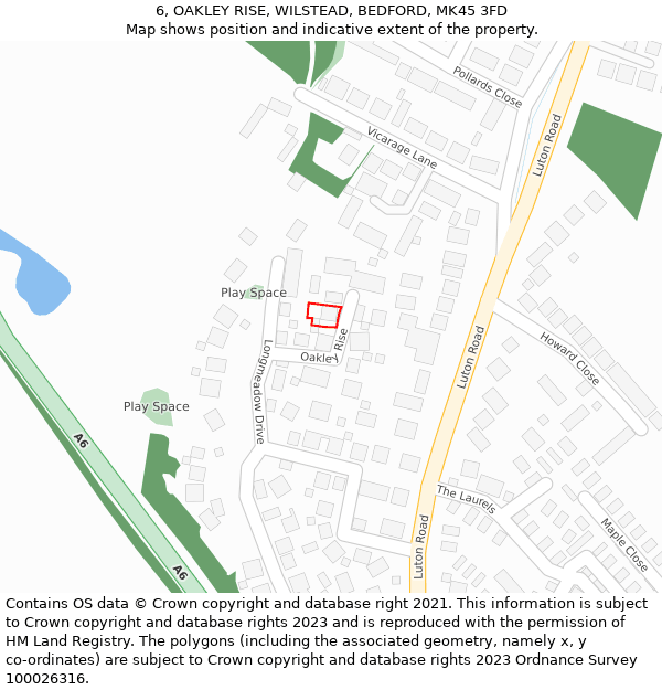 6, OAKLEY RISE, WILSTEAD, BEDFORD, MK45 3FD: Location map and indicative extent of plot