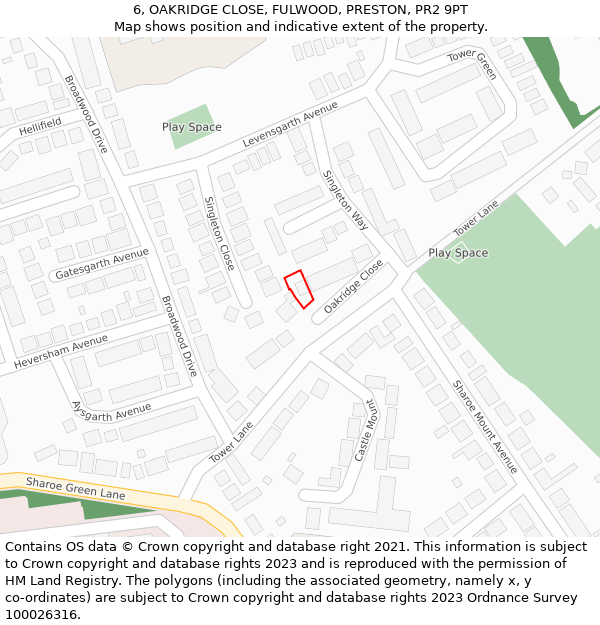 6, OAKRIDGE CLOSE, FULWOOD, PRESTON, PR2 9PT: Location map and indicative extent of plot