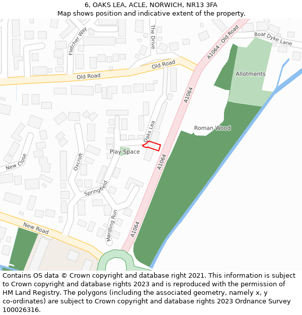 6, OAKS LEA, ACLE, NORWICH, NR13 3FA: Location map and indicative extent of plot