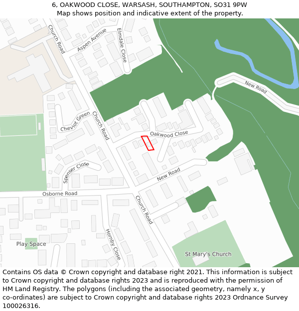 6, OAKWOOD CLOSE, WARSASH, SOUTHAMPTON, SO31 9PW: Location map and indicative extent of plot
