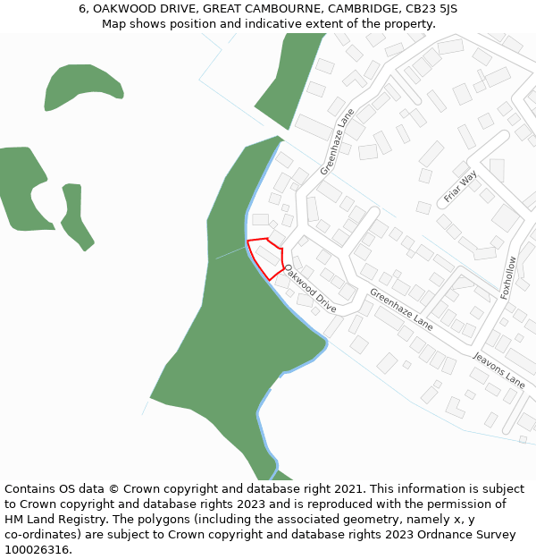 6, OAKWOOD DRIVE, GREAT CAMBOURNE, CAMBRIDGE, CB23 5JS: Location map and indicative extent of plot