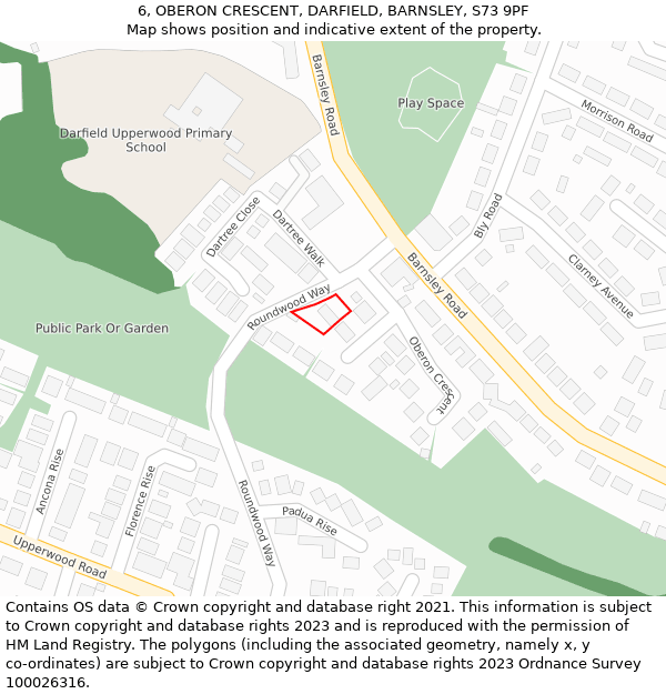 6, OBERON CRESCENT, DARFIELD, BARNSLEY, S73 9PF: Location map and indicative extent of plot