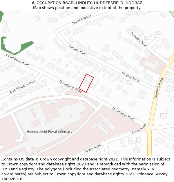 6, OCCUPATION ROAD, LINDLEY, HUDDERSFIELD, HD3 3AZ: Location map and indicative extent of plot