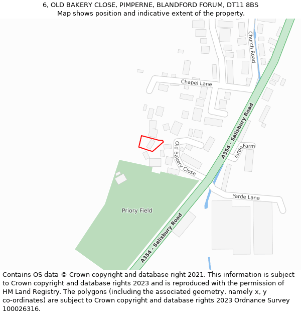 6, OLD BAKERY CLOSE, PIMPERNE, BLANDFORD FORUM, DT11 8BS: Location map and indicative extent of plot