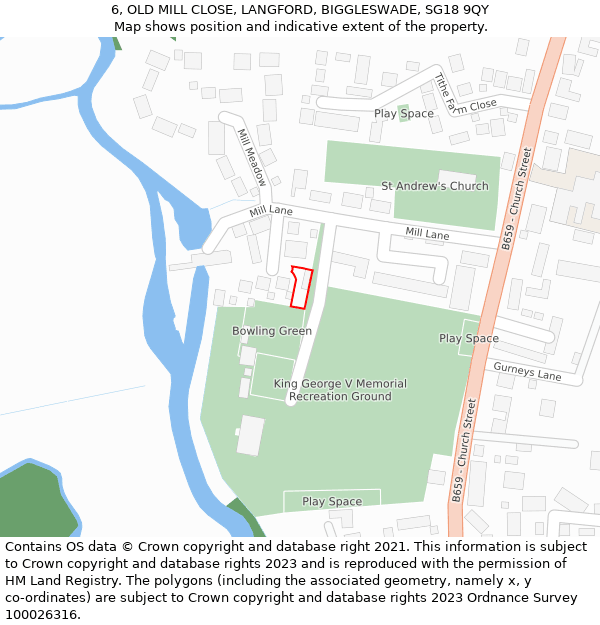 6, OLD MILL CLOSE, LANGFORD, BIGGLESWADE, SG18 9QY: Location map and indicative extent of plot