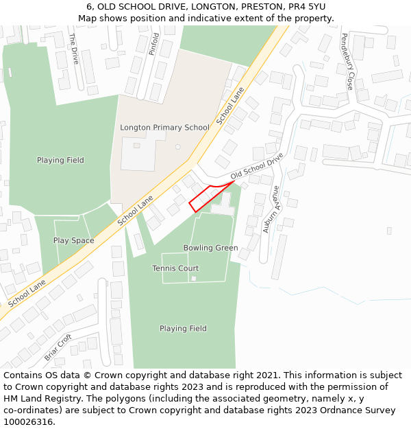 6, OLD SCHOOL DRIVE, LONGTON, PRESTON, PR4 5YU: Location map and indicative extent of plot