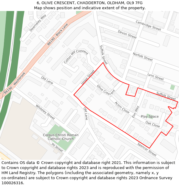 6, OLIVE CRESCENT, CHADDERTON, OLDHAM, OL9 7FG: Location map and indicative extent of plot