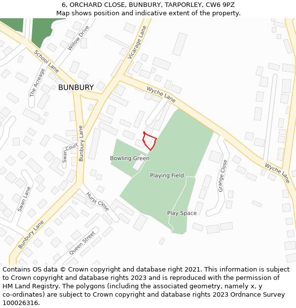 6, ORCHARD CLOSE, BUNBURY, TARPORLEY, CW6 9PZ: Location map and indicative extent of plot