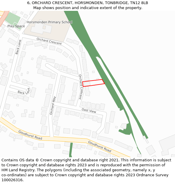 6, ORCHARD CRESCENT, HORSMONDEN, TONBRIDGE, TN12 8LB: Location map and indicative extent of plot