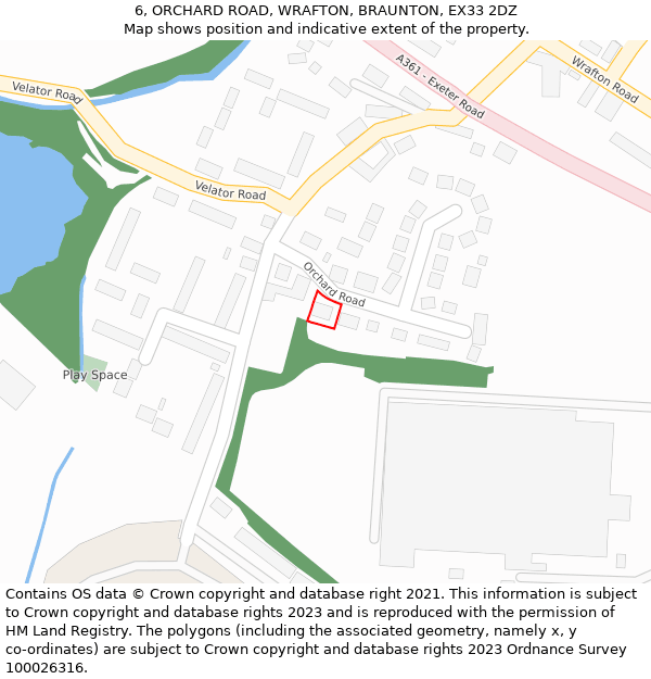 6, ORCHARD ROAD, WRAFTON, BRAUNTON, EX33 2DZ: Location map and indicative extent of plot