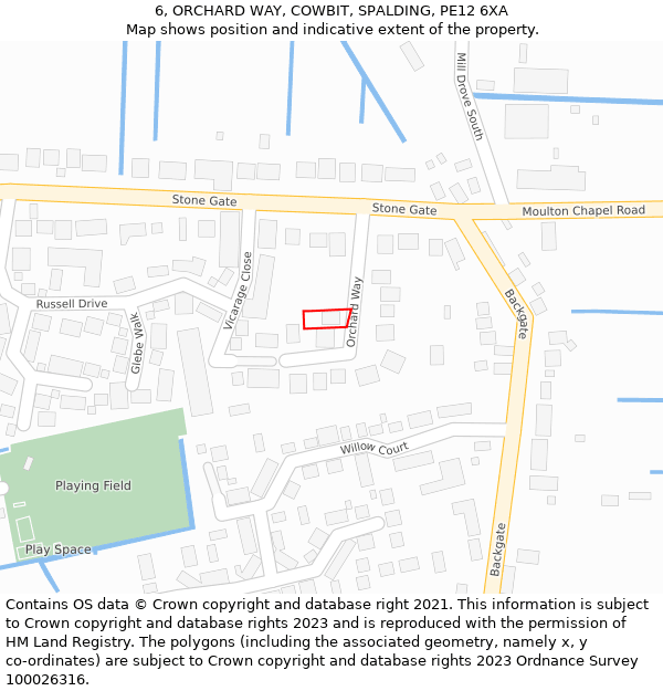 6, ORCHARD WAY, COWBIT, SPALDING, PE12 6XA: Location map and indicative extent of plot