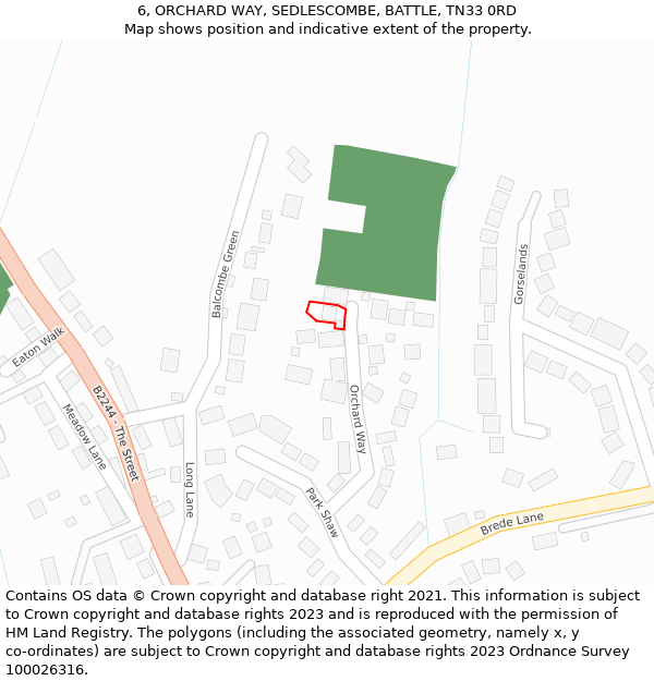 6, ORCHARD WAY, SEDLESCOMBE, BATTLE, TN33 0RD: Location map and indicative extent of plot