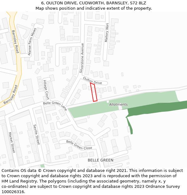 6, OULTON DRIVE, CUDWORTH, BARNSLEY, S72 8LZ: Location map and indicative extent of plot
