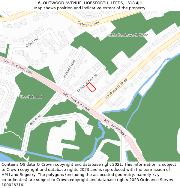 6, OUTWOOD AVENUE, HORSFORTH, LEEDS, LS18 4JH: Location map and indicative extent of plot