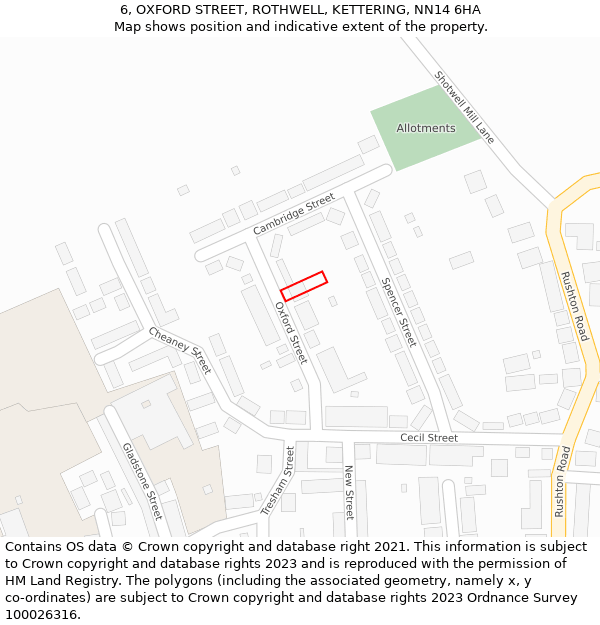 6, OXFORD STREET, ROTHWELL, KETTERING, NN14 6HA: Location map and indicative extent of plot