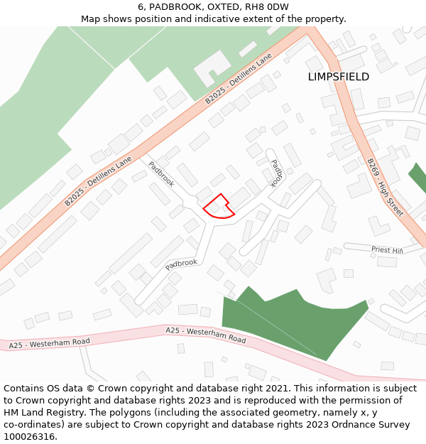 6, PADBROOK, OXTED, RH8 0DW: Location map and indicative extent of plot