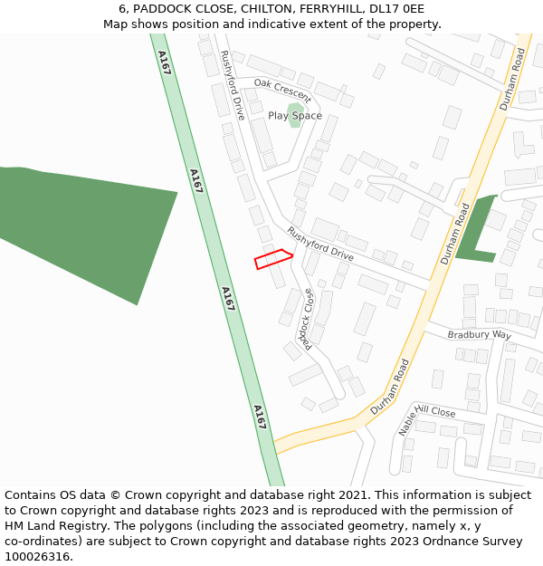 6, PADDOCK CLOSE, CHILTON, FERRYHILL, DL17 0EE: Location map and indicative extent of plot