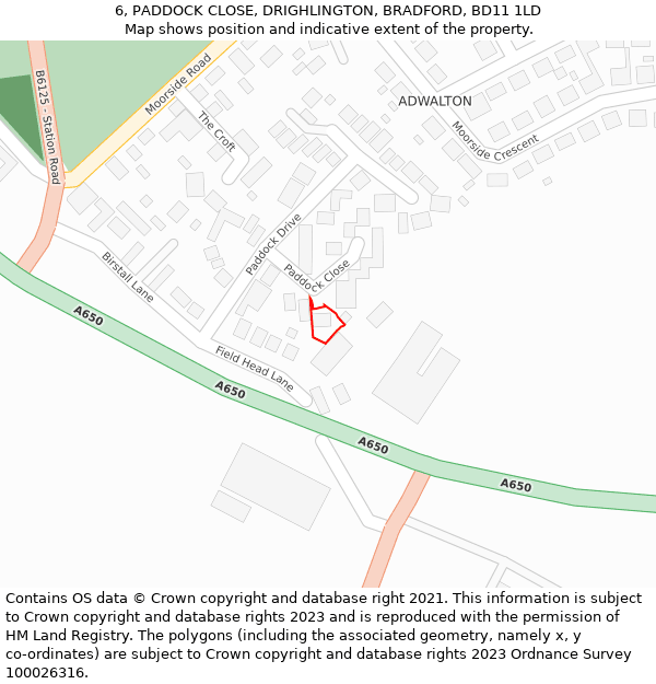 6, PADDOCK CLOSE, DRIGHLINGTON, BRADFORD, BD11 1LD: Location map and indicative extent of plot