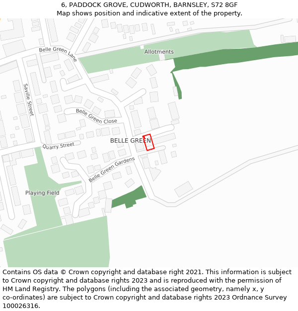 6, PADDOCK GROVE, CUDWORTH, BARNSLEY, S72 8GF: Location map and indicative extent of plot