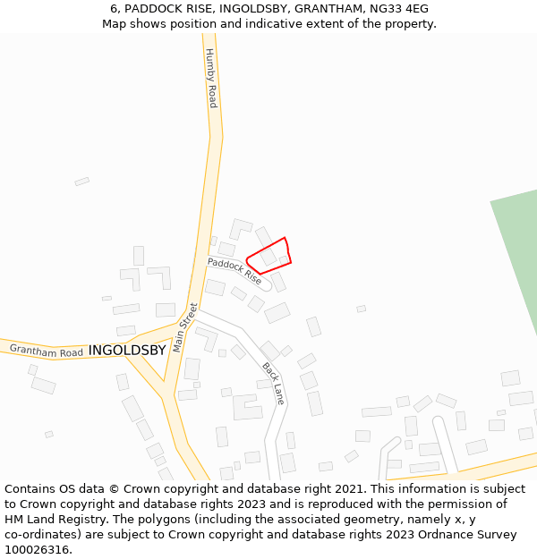 6, PADDOCK RISE, INGOLDSBY, GRANTHAM, NG33 4EG: Location map and indicative extent of plot