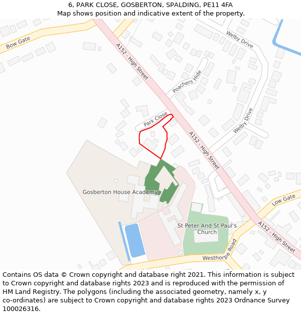 6, PARK CLOSE, GOSBERTON, SPALDING, PE11 4FA: Location map and indicative extent of plot