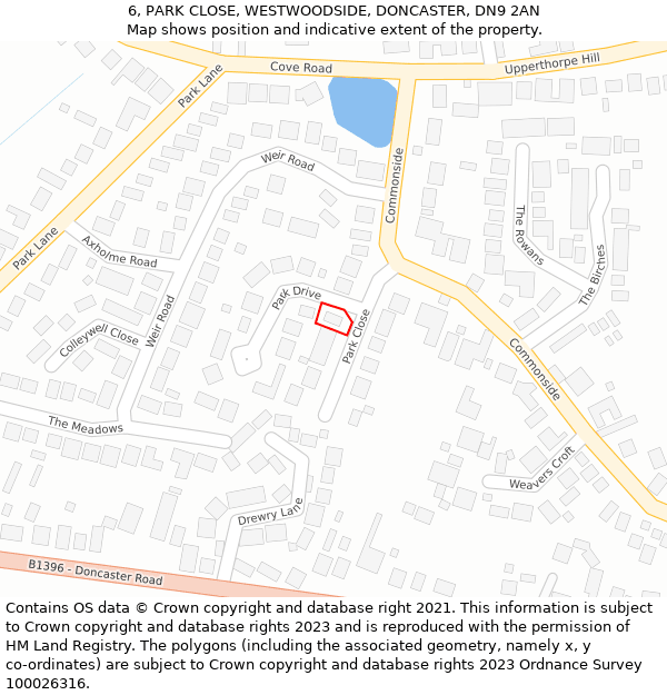 6, PARK CLOSE, WESTWOODSIDE, DONCASTER, DN9 2AN: Location map and indicative extent of plot