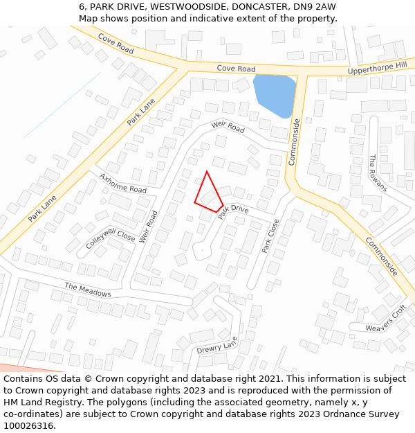 6, PARK DRIVE, WESTWOODSIDE, DONCASTER, DN9 2AW: Location map and indicative extent of plot
