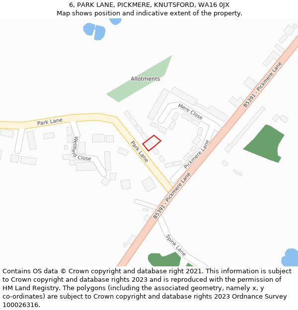 6, PARK LANE, PICKMERE, KNUTSFORD, WA16 0JX: Location map and indicative extent of plot