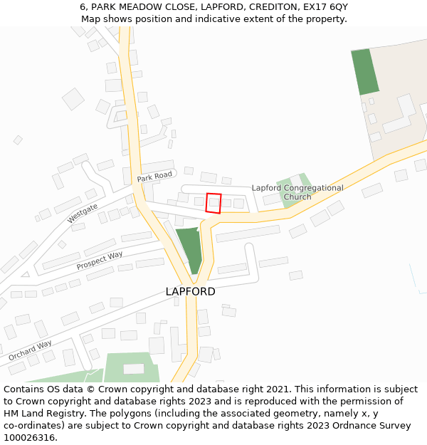 6, PARK MEADOW CLOSE, LAPFORD, CREDITON, EX17 6QY: Location map and indicative extent of plot