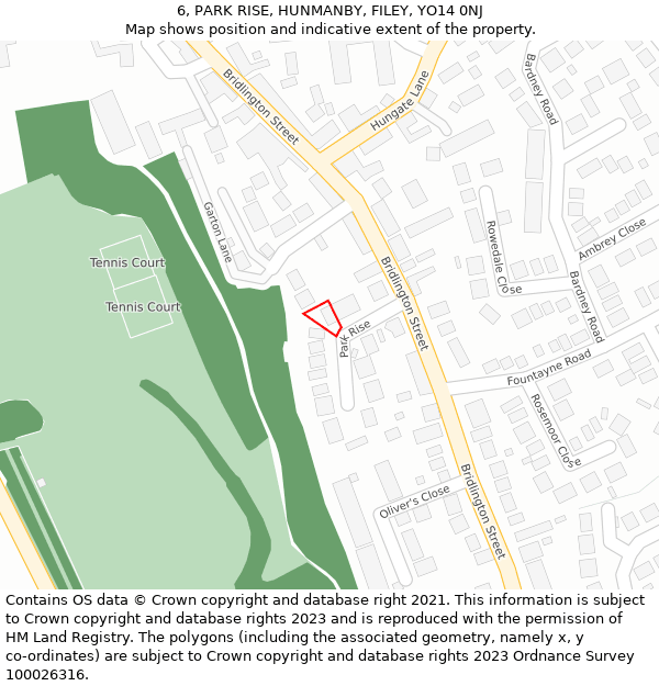 6, PARK RISE, HUNMANBY, FILEY, YO14 0NJ: Location map and indicative extent of plot