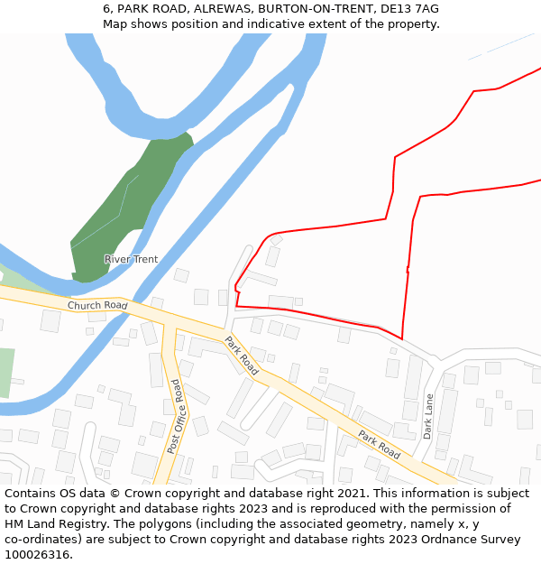 6, PARK ROAD, ALREWAS, BURTON-ON-TRENT, DE13 7AG: Location map and indicative extent of plot