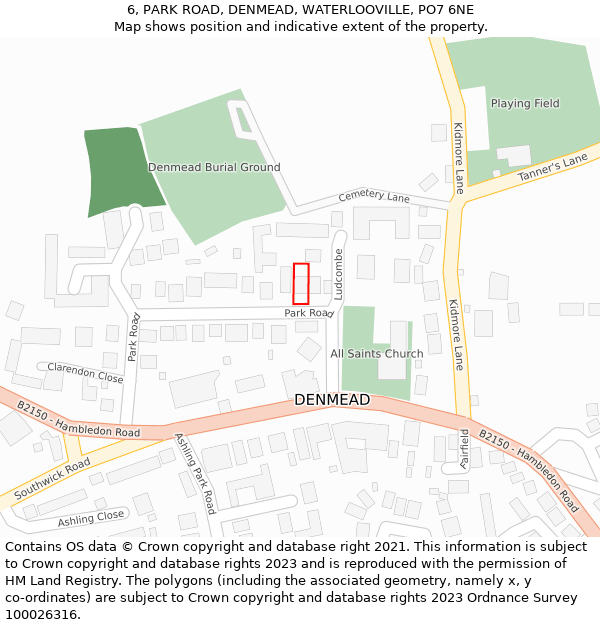 6, PARK ROAD, DENMEAD, WATERLOOVILLE, PO7 6NE: Location map and indicative extent of plot