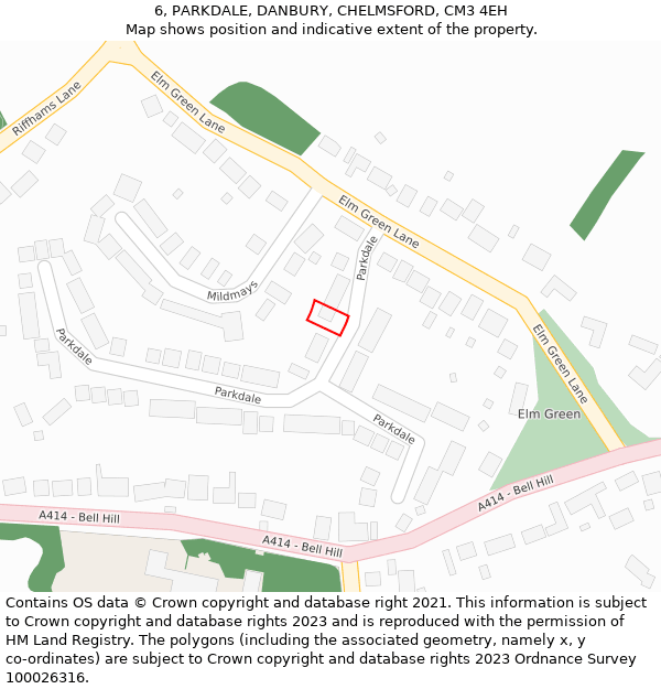 6, PARKDALE, DANBURY, CHELMSFORD, CM3 4EH: Location map and indicative extent of plot