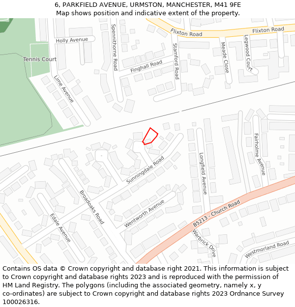 6, PARKFIELD AVENUE, URMSTON, MANCHESTER, M41 9FE: Location map and indicative extent of plot