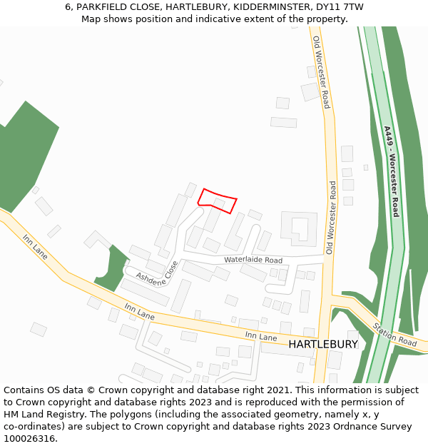 6, PARKFIELD CLOSE, HARTLEBURY, KIDDERMINSTER, DY11 7TW: Location map and indicative extent of plot
