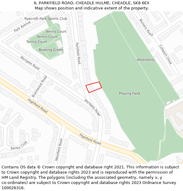 6, PARKFIELD ROAD, CHEADLE HULME, CHEADLE, SK8 6EX: Location map and indicative extent of plot