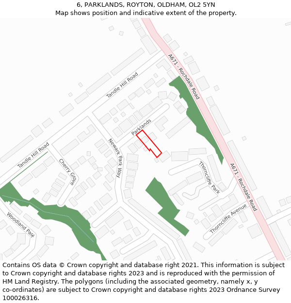 6, PARKLANDS, ROYTON, OLDHAM, OL2 5YN: Location map and indicative extent of plot