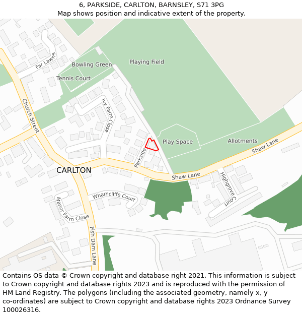 6, PARKSIDE, CARLTON, BARNSLEY, S71 3PG: Location map and indicative extent of plot