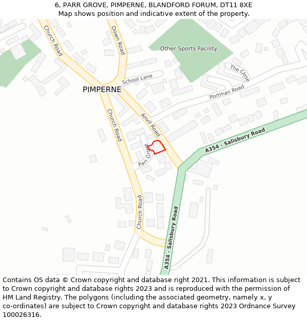 6, PARR GROVE, PIMPERNE, BLANDFORD FORUM, DT11 8XE: Location map and indicative extent of plot