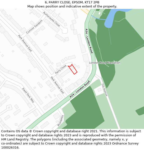 6, PARRY CLOSE, EPSOM, KT17 2PB: Location map and indicative extent of plot