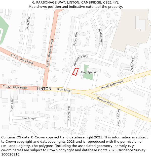 6, PARSONAGE WAY, LINTON, CAMBRIDGE, CB21 4YL: Location map and indicative extent of plot