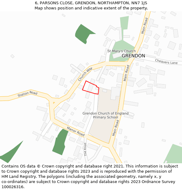 6, PARSONS CLOSE, GRENDON, NORTHAMPTON, NN7 1JS: Location map and indicative extent of plot