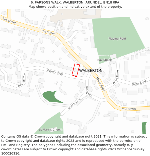 6, PARSONS WALK, WALBERTON, ARUNDEL, BN18 0PA: Location map and indicative extent of plot