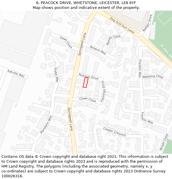 6, PEACOCK DRIVE, WHETSTONE, LEICESTER, LE8 6YF: Location map and indicative extent of plot