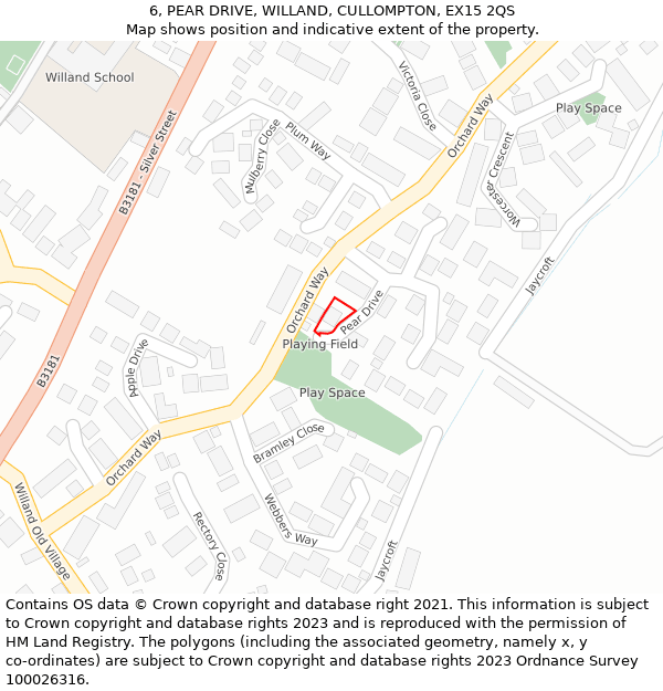 6, PEAR DRIVE, WILLAND, CULLOMPTON, EX15 2QS: Location map and indicative extent of plot