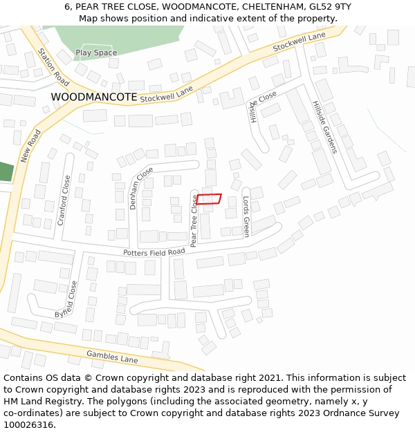 6, PEAR TREE CLOSE, WOODMANCOTE, CHELTENHAM, GL52 9TY: Location map and indicative extent of plot