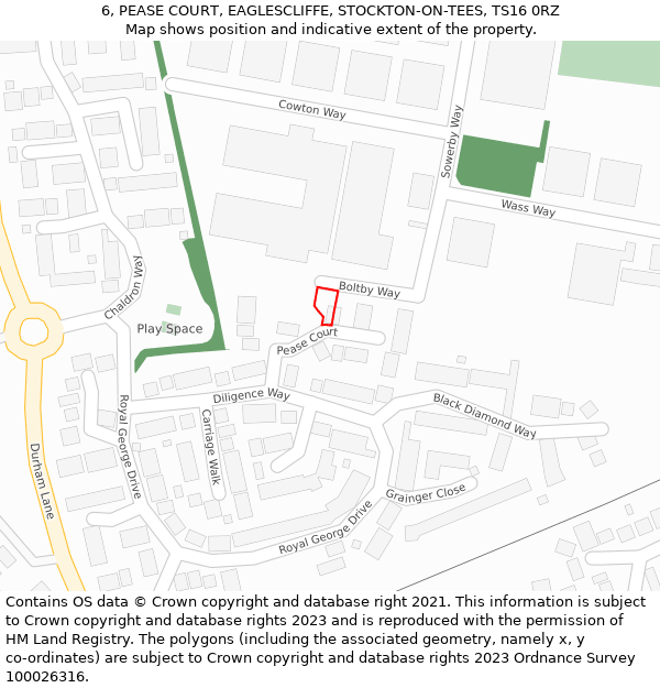 6, PEASE COURT, EAGLESCLIFFE, STOCKTON-ON-TEES, TS16 0RZ: Location map and indicative extent of plot