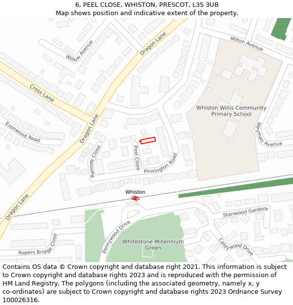 6, PEEL CLOSE, WHISTON, PRESCOT, L35 3UB: Location map and indicative extent of plot