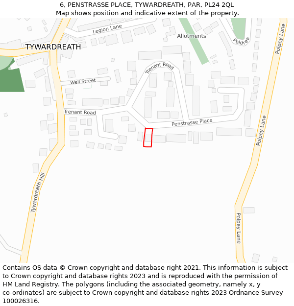 6, PENSTRASSE PLACE, TYWARDREATH, PAR, PL24 2QL: Location map and indicative extent of plot