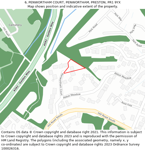 6, PENWORTHAM COURT, PENWORTHAM, PRESTON, PR1 9YX: Location map and indicative extent of plot